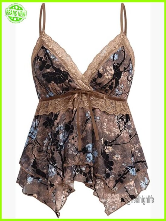 Tops - Y2K Babydoll Tank Top Floral Lace Mesh Going Out Top Spaghetti Strap Sleeveless